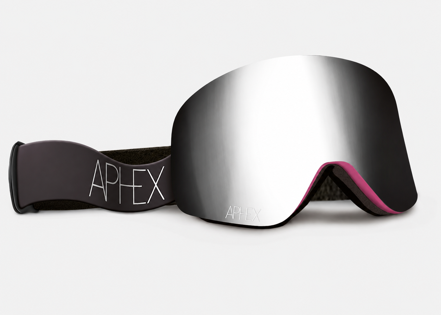 A pair of Apex ski goggles with a reflective silver mirrored lens, a black strap with white logo text, and a pink accent trim along the lower edge of the lens.