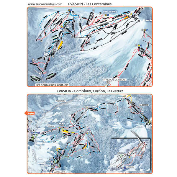 Image of the Wipeout Evasion Mont Blanc ski piste map for Les Contaimines, Comblous, Cordon, La Giettaz